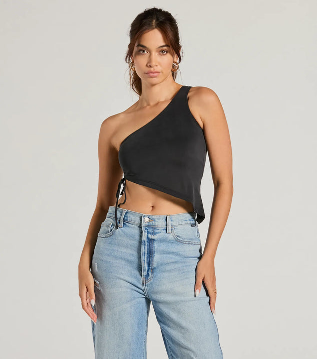 The Mentionable Flirt One-Shoulder Asymmetrical Crop Top in black with a modern design and trendy look is part of the latest women's tops collection to elevate your 2025 wardrobe.