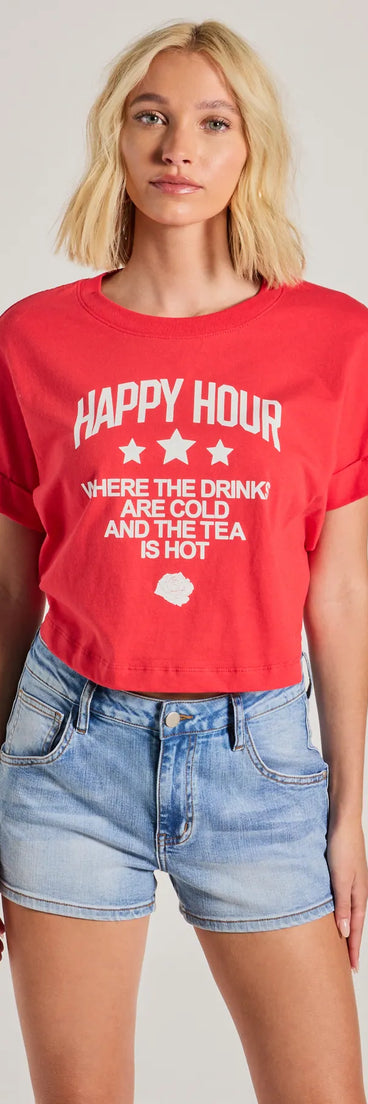 The Happy Hour Crop Graphic Tee in red with a modern design and trendy look is part of the latest women's tops collection to elevate your 2025 wardrobe.