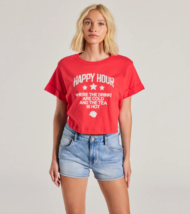 The Happy Hour Crop Graphic Tee in red with a modern design and trendy look is part of the latest women's tops collection to elevate your 2025 wardrobe.