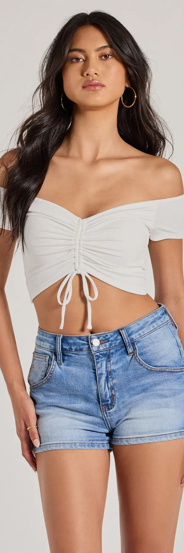 The Sweet One Off-The-Shoulder Crop Top in white with a modern design and trendy look is part of the latest women's tops collection to elevate your 2025 wardrobe.