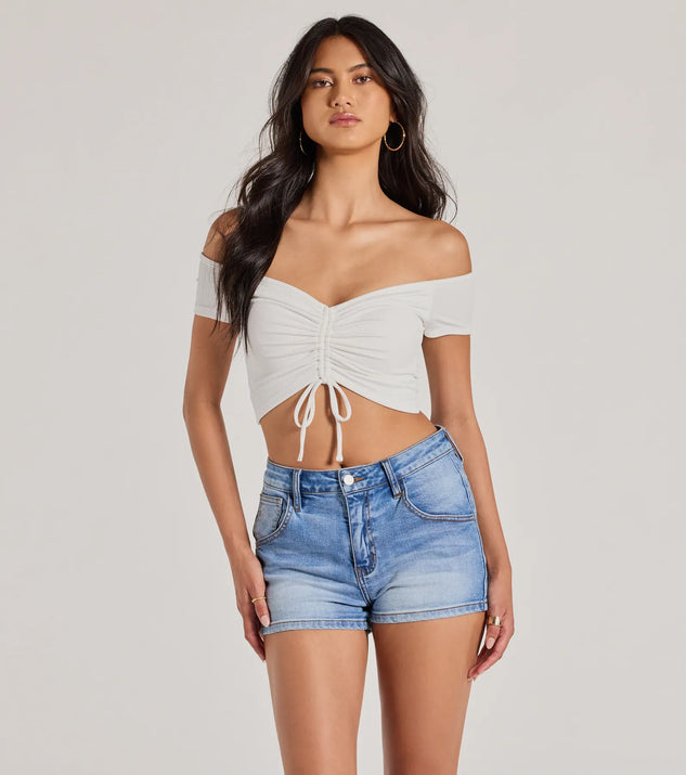 The Sweet One Off-The-Shoulder Crop Top in white with a modern design and trendy look is part of the latest women's tops collection to elevate your 2025 wardrobe.