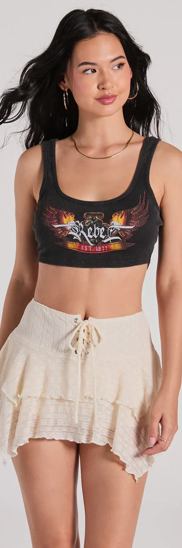 The Rebel Style Graphic Cropped Tank Top in black with a modern design and trendy look is part of the latest women's tops collection to elevate your 2025 wardrobe.