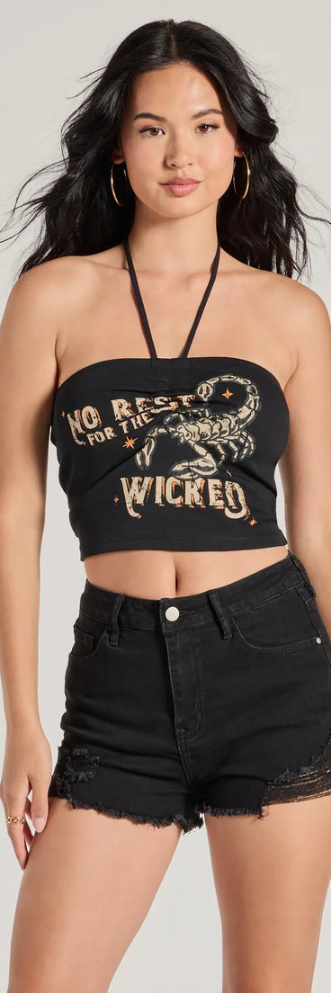 The No Rest For The Wicked Halter Graphic Top in black with a modern design and trendy look is part of the latest women's tops collection to elevate your 2025 wardrobe.