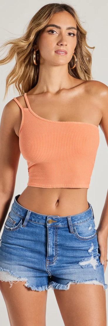 The Confident Flirty Strappy One-Shoulder Crop Top in orange with a modern design and trendy look is part of the latest women's tops collection to elevate your 2025 wardrobe.