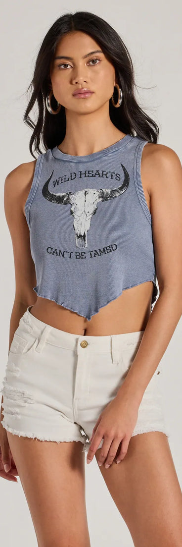 The Wild Hearts Cropped Graphic Tank Top in blue with a modern design and trendy look is part of the latest women's tops collection to elevate your 2025 wardrobe.