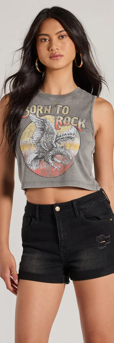 The Born To Rock Mineral Wash Graphic Tank Top in charcoal with a modern design and trendy look is part of the latest women's tops collection to elevate your 2025 wardrobe.