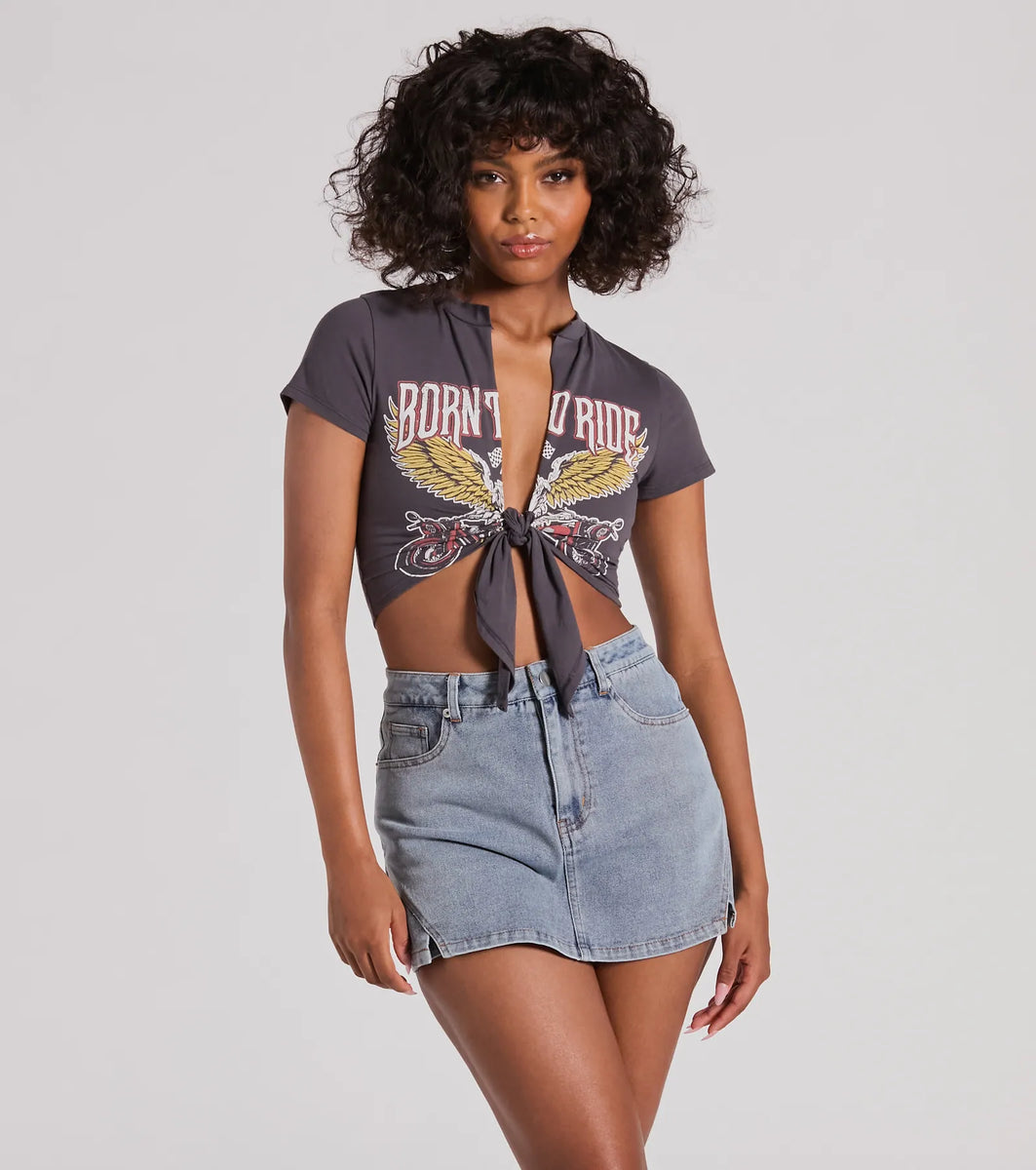 Born To Ride Short Sleeve Tie Front Graphic Tee & Windsor
