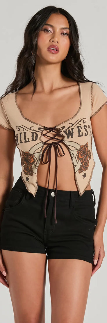 The Wild West Showdown Lace-Up Graphic Crop Top in tan with a modern design and trendy look is part of the latest women's tops collection to elevate your 2025 wardrobe.