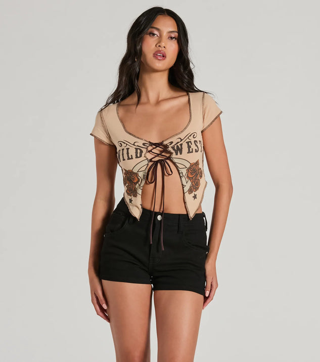 The Wild West Showdown Lace-Up Graphic Crop Top in tan with a modern design and trendy look is part of the latest women's tops collection to elevate your 2025 wardrobe.