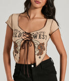 
Upgrade your style game for 2025 with the Wild West Showdown Lace-Up Graphic Crop Top in tan, perfect for any fashion-forward wardrobe.