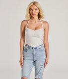 The All Day Darling Halter V-Neck Lace Trim Crop Top in white with a modern design and trendy look is part of the latest women's tops collection to elevate your 2025 wardrobe.