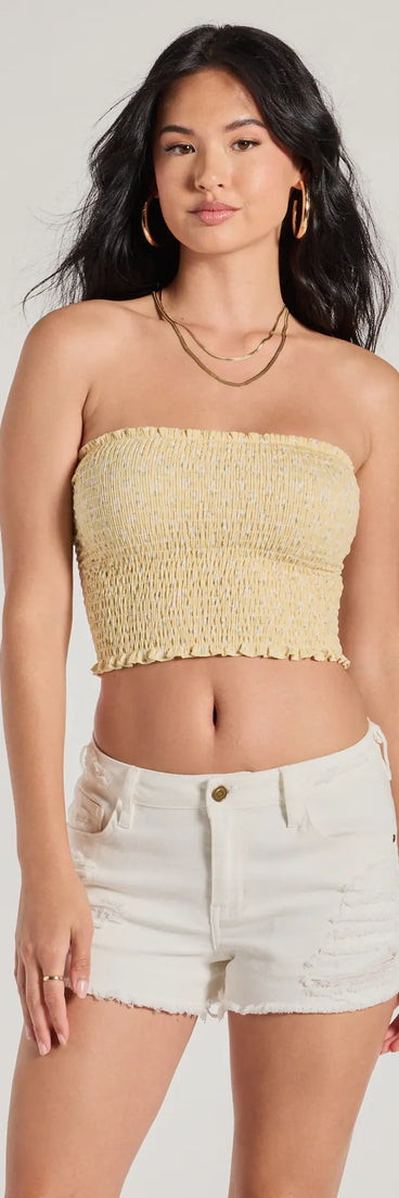 The Sunshine Babe Ditsy Floral Cropped Tube Top in yellow with a modern design and trendy look is part of the latest women's tops collection to elevate your 2025 wardrobe.