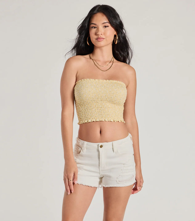 The Sunshine Babe Ditsy Floral Cropped Tube Top in yellow with a modern design and trendy look is part of the latest women's tops collection to elevate your 2025 wardrobe.