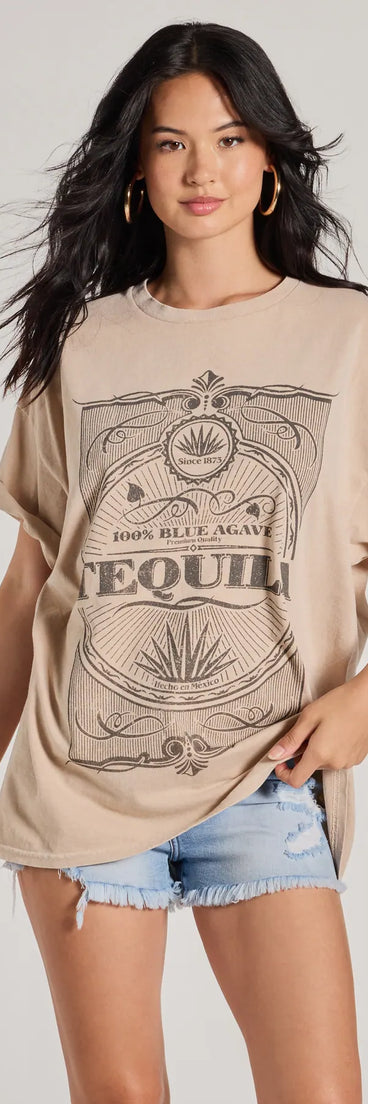 The Tequila Time Oversized Graphic Tee in taupe with a modern design and trendy look is part of the latest women's tops collection to elevate your 2025 wardrobe.