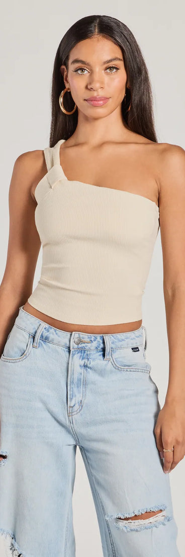 The Cutely Charming One-Shoulder Crop Top in ivory with a modern design and trendy look is part of the latest women's tops collection to elevate your 2025 wardrobe.
