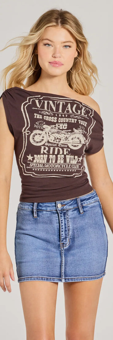 The Born To Be Wild Off-Shoulder Graphic Crop Top in brown with a modern design and trendy look is part of the latest women's tops collection to elevate your 2025 wardrobe.