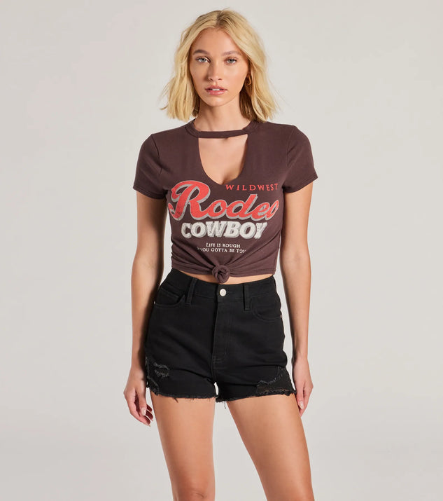 The Rodeo Cowboy Cutout Crop Graphic Tee in brown with a modern design and trendy look is part of the latest women's tops collection to elevate your 2025 wardrobe.