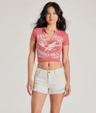 The Rock N Roll Short Sleeve Crop Graphic Tee in mauve with a modern design and trendy look is part of the latest women's tops collection to elevate your 2025 wardrobe.