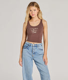 The Cowgirls And Tequila Crop Graphic Tank Top in brown with a modern design and trendy look is part of the latest women's tops collection to elevate your 2025 wardrobe.