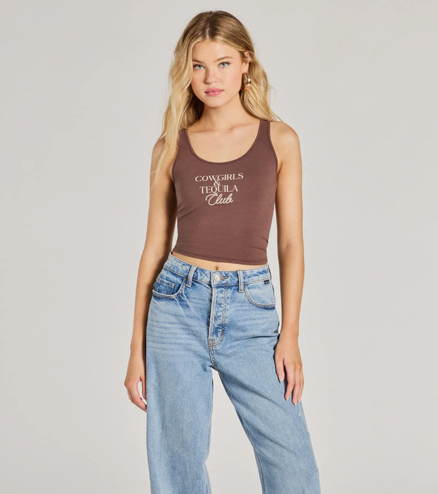 The Cowgirls And Tequila Crop Graphic Tank Top in brown with a modern design and trendy look is part of the latest women's tops collection to elevate your 2025 wardrobe.
