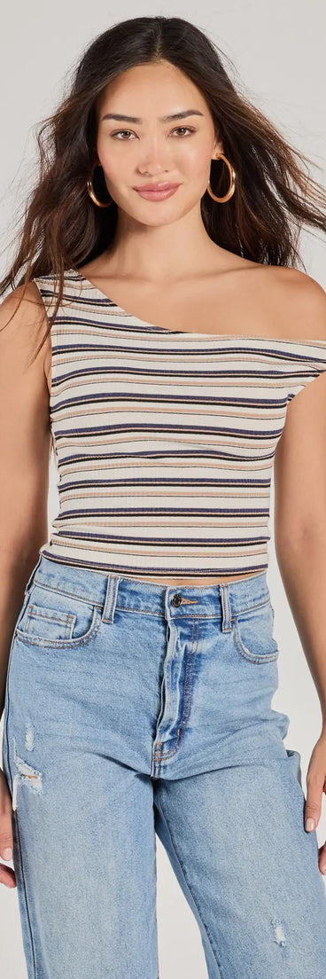 The Trendy Twist One-Shoulder Striped Crop Top in multi-color with a modern design and trendy look is part of the latest women's tops collection to elevate your 2025 wardrobe.
