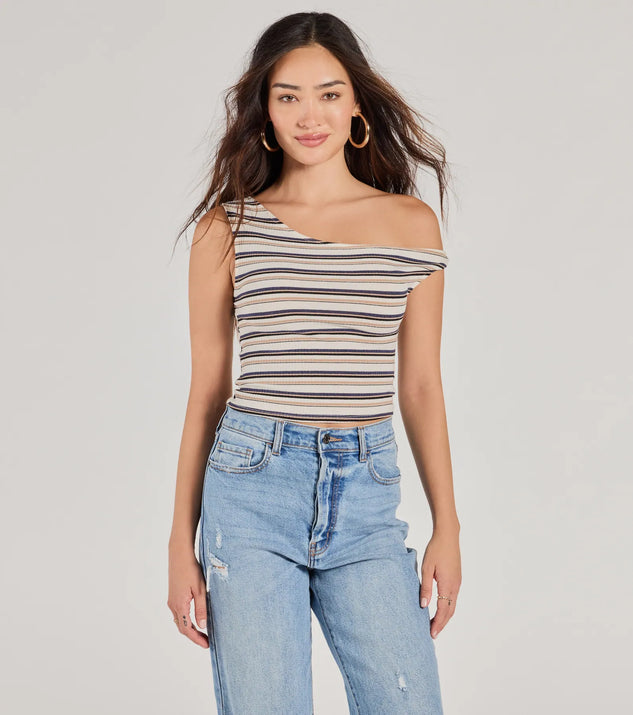 The Trendy Twist One-Shoulder Striped Crop Top in multi-color with a modern design and trendy look is part of the latest women's tops collection to elevate your 2025 wardrobe.