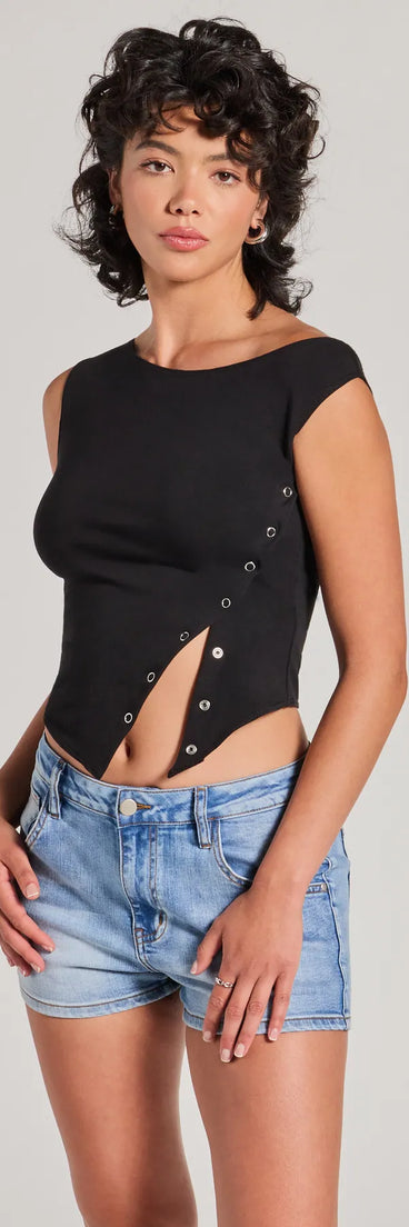 The Minimal Aesthetic Off-Shoulder Button Crop Top in black with a modern design and trendy look is part of the latest women's tops collection to elevate your 2025 wardrobe.