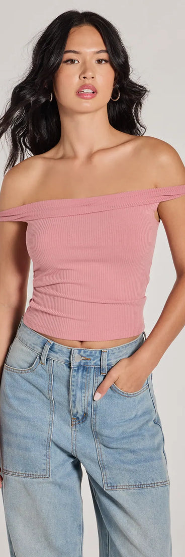 The Nothing Sweeter Off-The-Shoulder Crop Top in blush with a modern design and trendy look is part of the latest women's tops collection to elevate your 2025 wardrobe.
