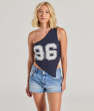The Pick Of The Season One Shoulder 96 Graphic Crop Top in navy blue with a modern design and trendy look is part of the latest women's tops collection to elevate your 2025 wardrobe.