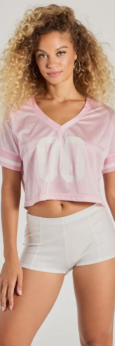 The Play The Field Cropped Screen Jersey Tee in pink with a modern design and trendy look is part of the latest women's tops collection to elevate your 2025 wardrobe.