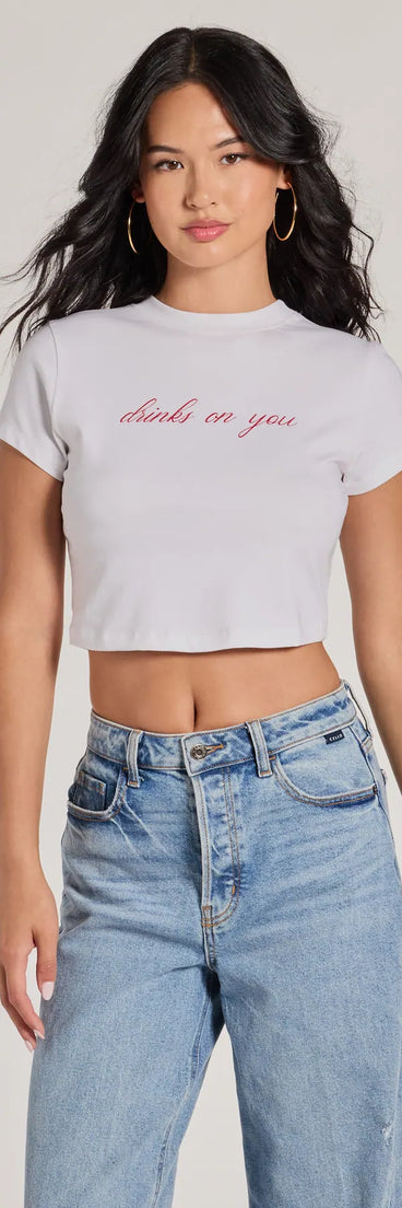 The Drinks On You Cropped Graphic Tee in white with a modern design and trendy look is part of the latest women's tops collection to elevate your 2025 wardrobe.