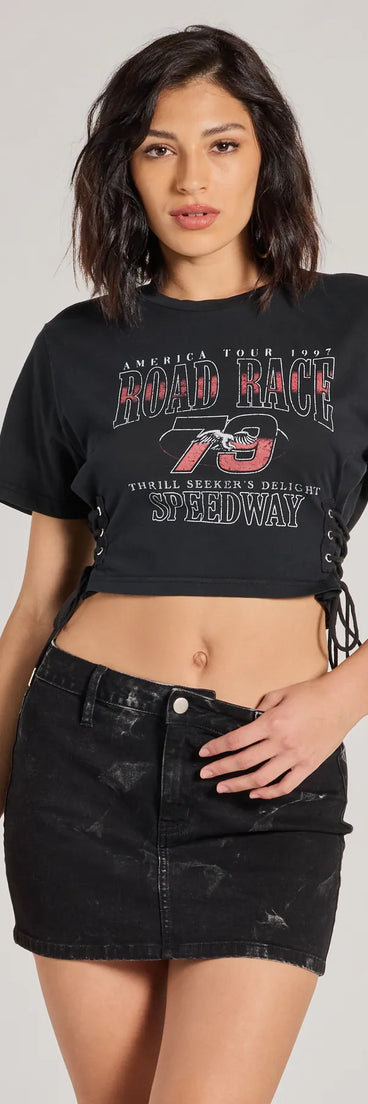 The Road Race Cropped Graphic Tee in black with a modern design and trendy look is part of the latest women's tops collection to elevate your 2025 wardrobe.