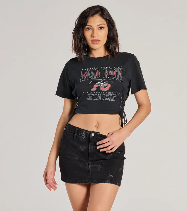 The Road Race Cropped Graphic Tee in black with a modern design and trendy look is part of the latest women's tops collection to elevate your 2025 wardrobe.