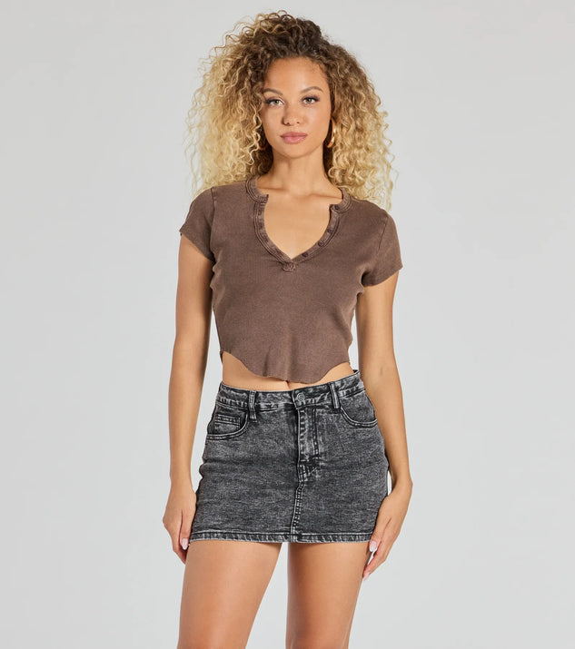 The Girl Next Door Ribbed Knit Henley Crop Top in brown with a modern design and trendy look is part of the latest women's tops collection to elevate your 2025 wardrobe.