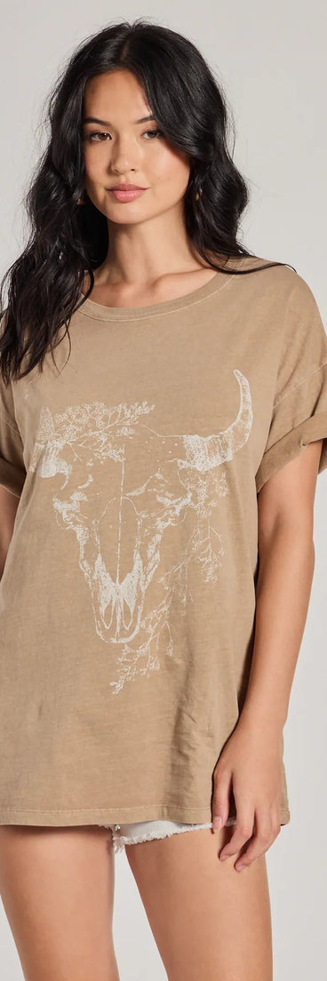 The Boho Babe Longhorn Oversized Graphic Tee in mocha brown with a modern design and trendy look is part of the latest women's tops collection to elevate your 2025 wardrobe.