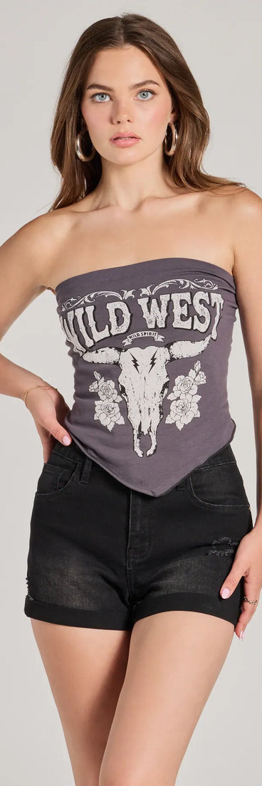 The Wild West Strapless Cropped Graphic Tee in charcoal with a modern design and trendy look is part of the latest women's tops collection to elevate your 2025 wardrobe.
