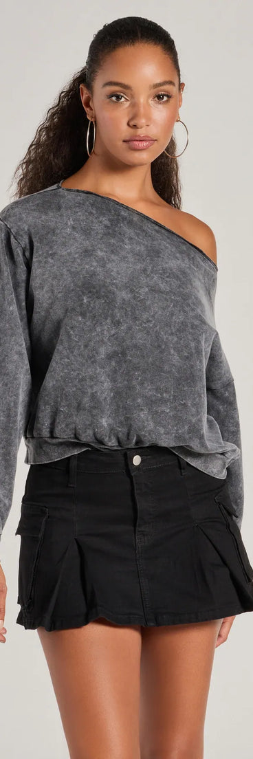 The Comfy Vibes Only Washed Knit Pullover Top in charcoal with a modern design and trendy look is part of the latest women's tops collection to elevate your 2025 wardrobe.