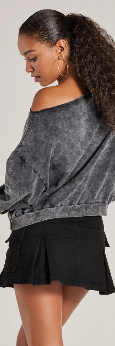 The Comfy Vibes Only Washed Knit Pullover Top is a women's charcoal gray long-sleeve top with an elevated style and unique design accents, perfect for layering or transitioning into colder months.