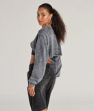 Layer-friendly Comfy Cozy Washed Knit Pull-Over Topper is a chic, transitional charcoal gray long-sleeve top with contemporary sleeves and neckline design, ideal for an elevated cozy style or casual elegance.