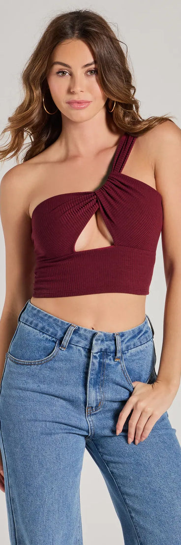 The Here To Slay One-Shoulder Cutout Knit Crop Top in wine with a modern design and trendy look is part of the latest women's tops collection to elevate your 2025 wardrobe.