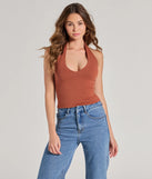 The Trendy Find Knit Halter Top in rust with a modern design and trendy look is part of the latest women's tops collection to elevate your 2025 wardrobe.