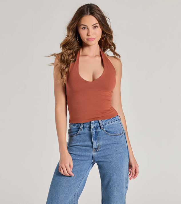 The Trendy Find Knit Halter Top in rust with a modern design and trendy look is part of the latest women's tops collection to elevate your 2025 wardrobe.