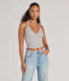 The Adorably Trendy Lace Trim Knit Halter Top in heather gray with a modern design and trendy look is part of the latest women's tops collection to elevate your 2025 wardrobe.