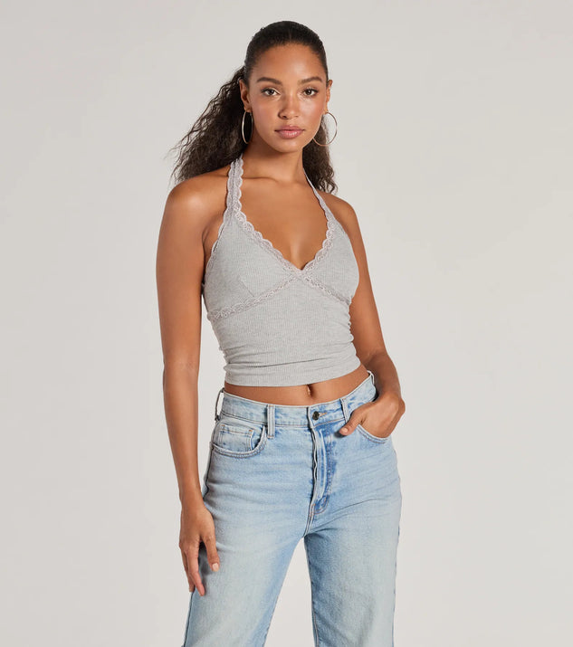 The Adorably Trendy Lace Trim Knit Halter Top in heather gray with a modern design and trendy look is part of the latest women's tops collection to elevate your 2025 wardrobe.