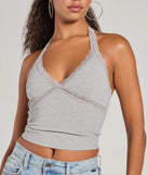 Stay on-trend this season with the Adorably Trendy Lace Trim Knit Halter Top in heather gray, a must-have for creating stylish and effortless spring outfits for women.