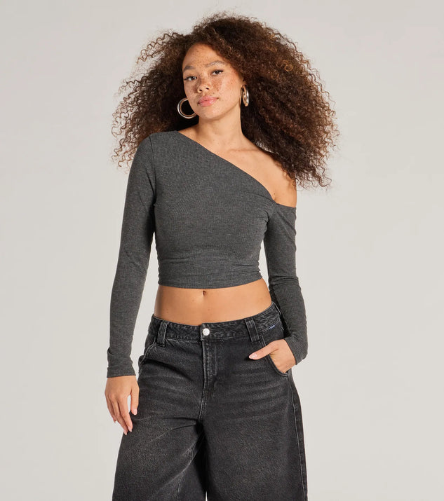 The Effortlessly Chic One-Shoulder Ribbed Crop Top in charcoal with a modern design and trendy look is part of the latest women's tops collection to elevate your 2025 wardrobe.
