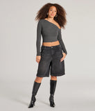 Stand out in 2025 in the Effortlessly Chic One-Shoulder Ribbed Crop Top, a women's charcoal gray long-sleeve top crafted from an elevated fabric with a modern neckline perfect for party outfits, bridal shower attire, or elevated casual outfits.
