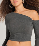 Make a statement in 2025 with the Effortlessly Chic One-Shoulder Ribbed Crop Top, a charcoal gray long-sleeve top featuring a trendy shoulder design that adds a bold, festive touch to any club or party look.