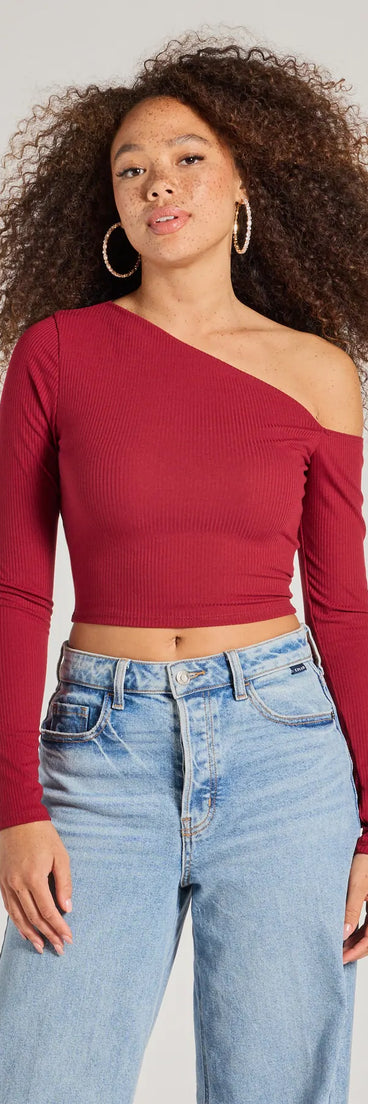 The Effortlessly Chic One-Shoulder Ribbed Crop Top in burgundy with a modern design and trendy look is part of the latest women's tops collection to elevate your 2025 wardrobe.