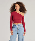 The Effortlessly Chic One-Shoulder Ribbed Crop Top in burgundy with a modern design and trendy look is part of the latest women's tops collection to elevate your 2025 wardrobe.